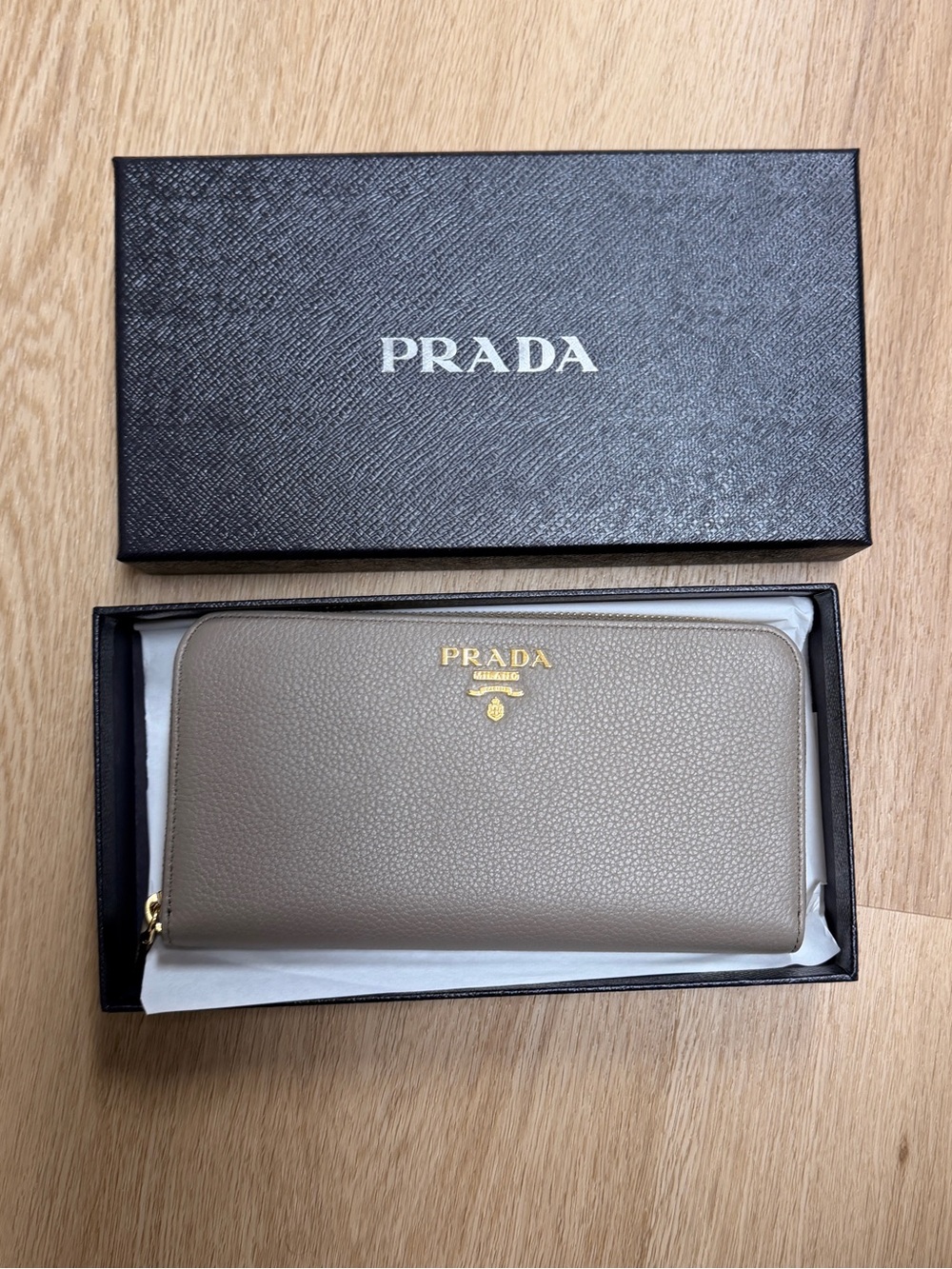 NWT Prada Taupe Zip Around Wallet with Gold Hardware